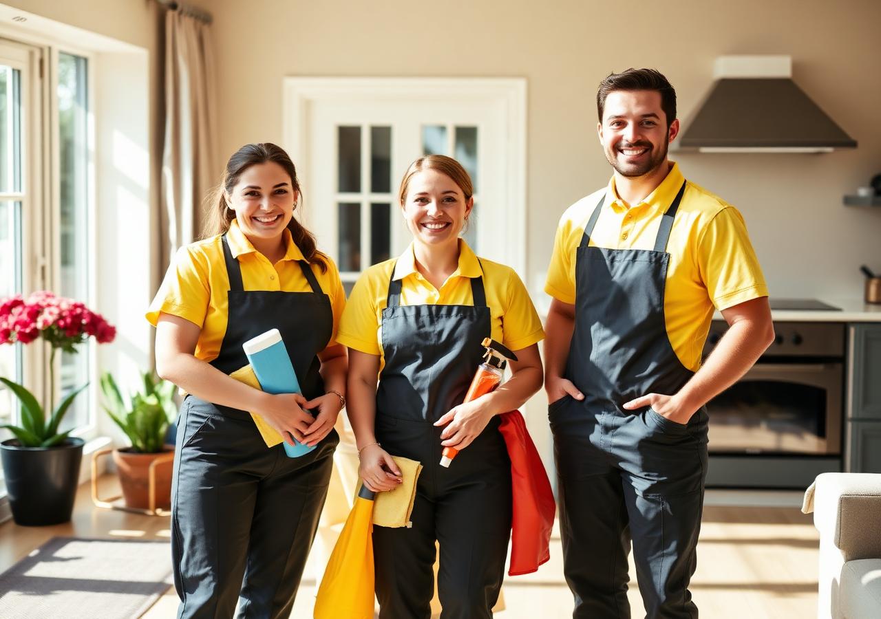 Friendly Cleaning Bee family team in matching uniforms inside a sunny Southampton home