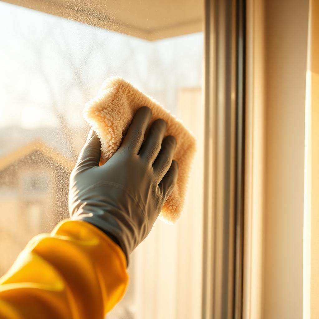 Close-up of a professional Cleaning Bee staff member wiping a sparkling clean window